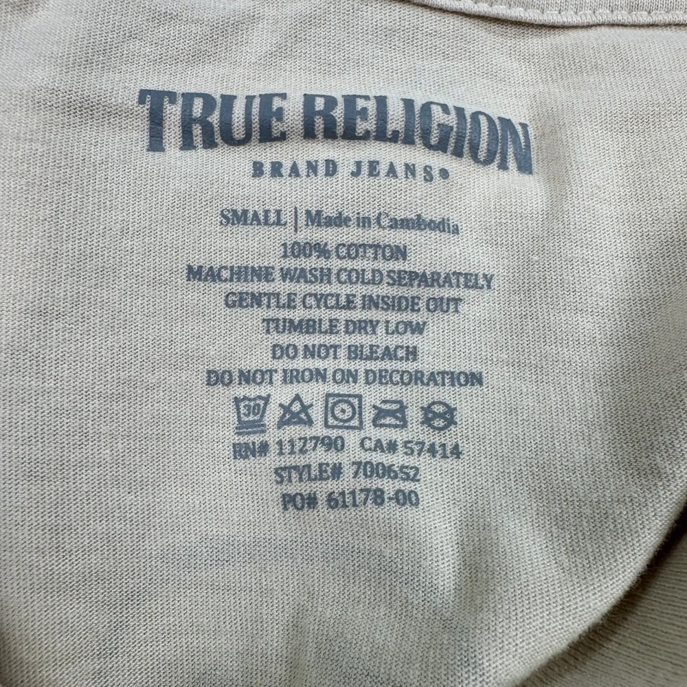 True Religion Mens T Shirt Buddha Guitar Graphic Logo Beige Small Short Sleeve